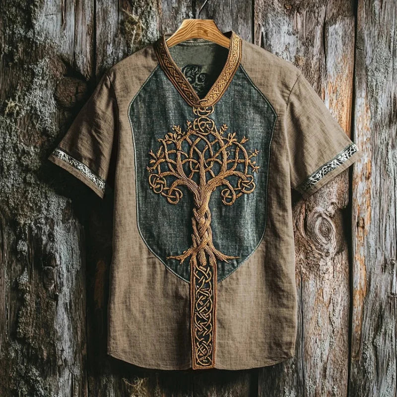 Men's Yggdrasil embroidered short sleeve shirt, dark fabric, unique mythic design for casual wear.