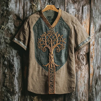 Men's Yggdrasil embroidered short sleeve shirt, dark fabric, unique mythic design for casual wear.