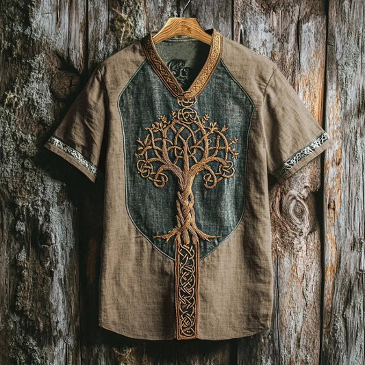Men's Yggdrasil embroidered short sleeve shirt, dark fabric, unique mythic design for casual wear.