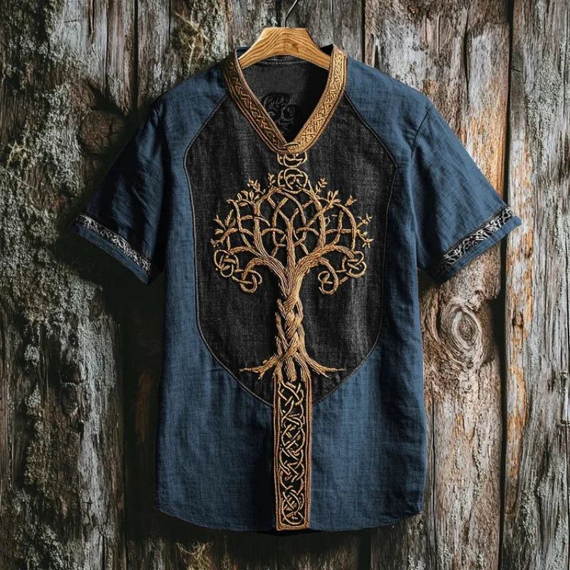 Men's casual short sleeve shirt featuring intricate Yggdrasil tree embroidery, stylish mythic top.