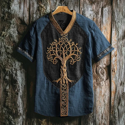 Men's casual short sleeve shirt featuring intricate Yggdrasil tree embroidery, stylish mythic top.