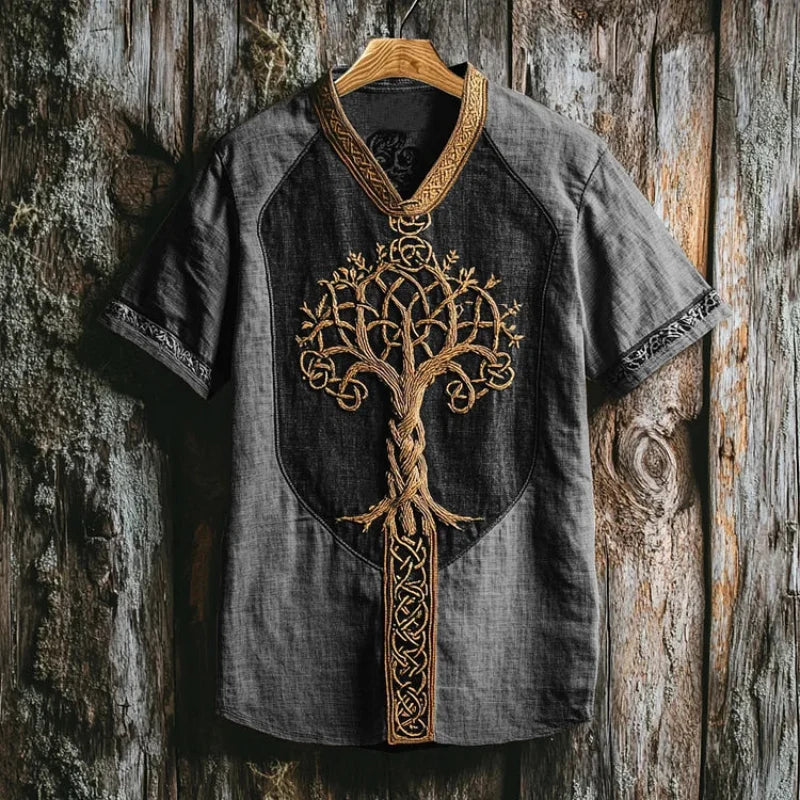 Fashionable men's shirt with mythical Yggdrasil tree embroidery, short sleeve & unique Celtic design.