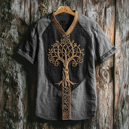 Fashionable men's shirt with mythical Yggdrasil tree embroidery, short sleeve & unique Celtic design.