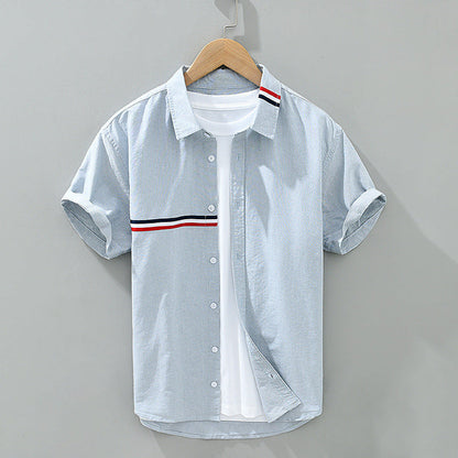 Versatile Men's Zen striped short sleeve button-down shirt. Relaxed fit for casual everyday wear in summer.