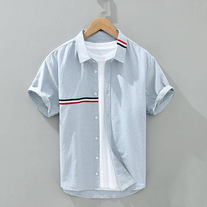 Versatile Men's Zen striped short sleeve button-down shirt. Relaxed fit for casual everyday wear in summer.