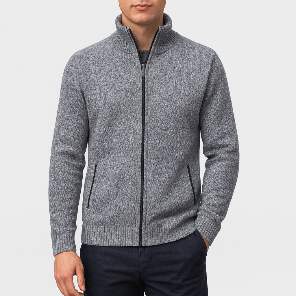 Cozy men's zip-collar cardigan, a comfortable knit for modern menswear, ideal for autumn & winter layering.