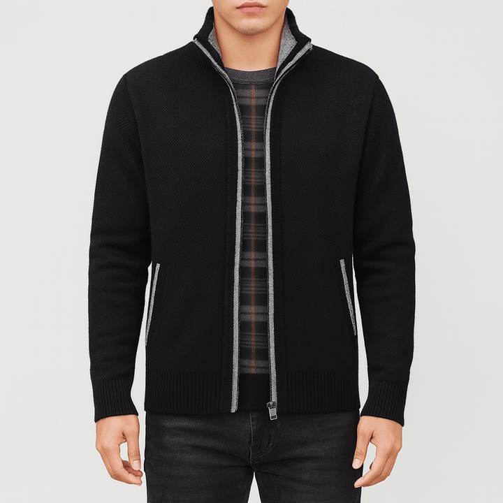 Close-up of a men's zip-collar cardigan, highlighting quality knit and versatile design for modern comfort.