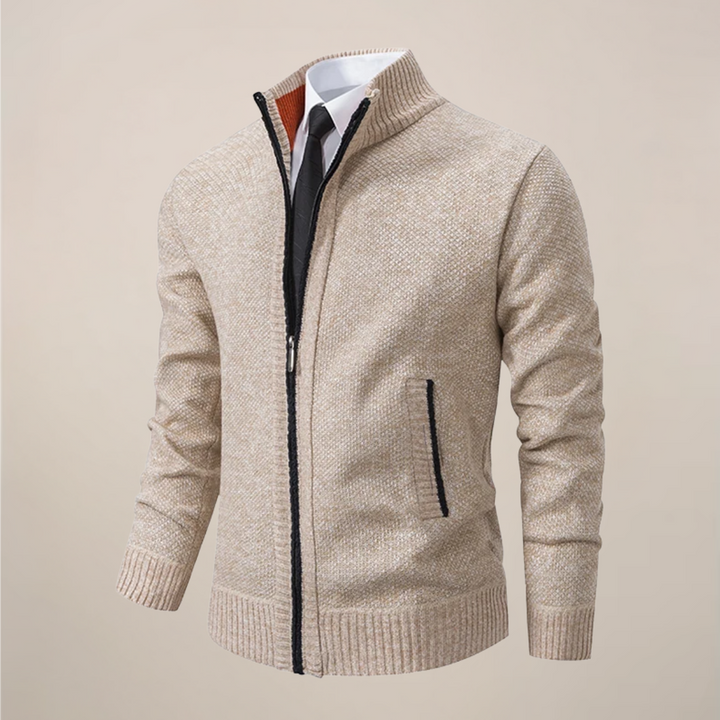 Men's zip-up knit cardigan in a versatile dark color, perfect for smart casual layering and modern men's fashion.
