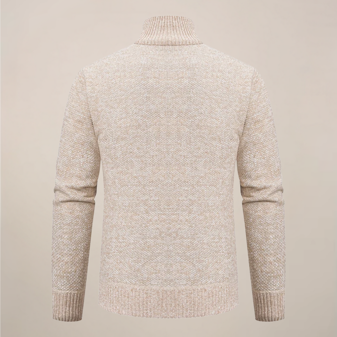 Stylish men's knit zip-up cardigan, featuring a comfortable texture for smart casual wear and layering.