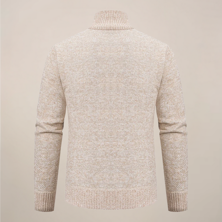 Stylish men's knit zip-up cardigan, featuring a comfortable texture for smart casual wear and layering.