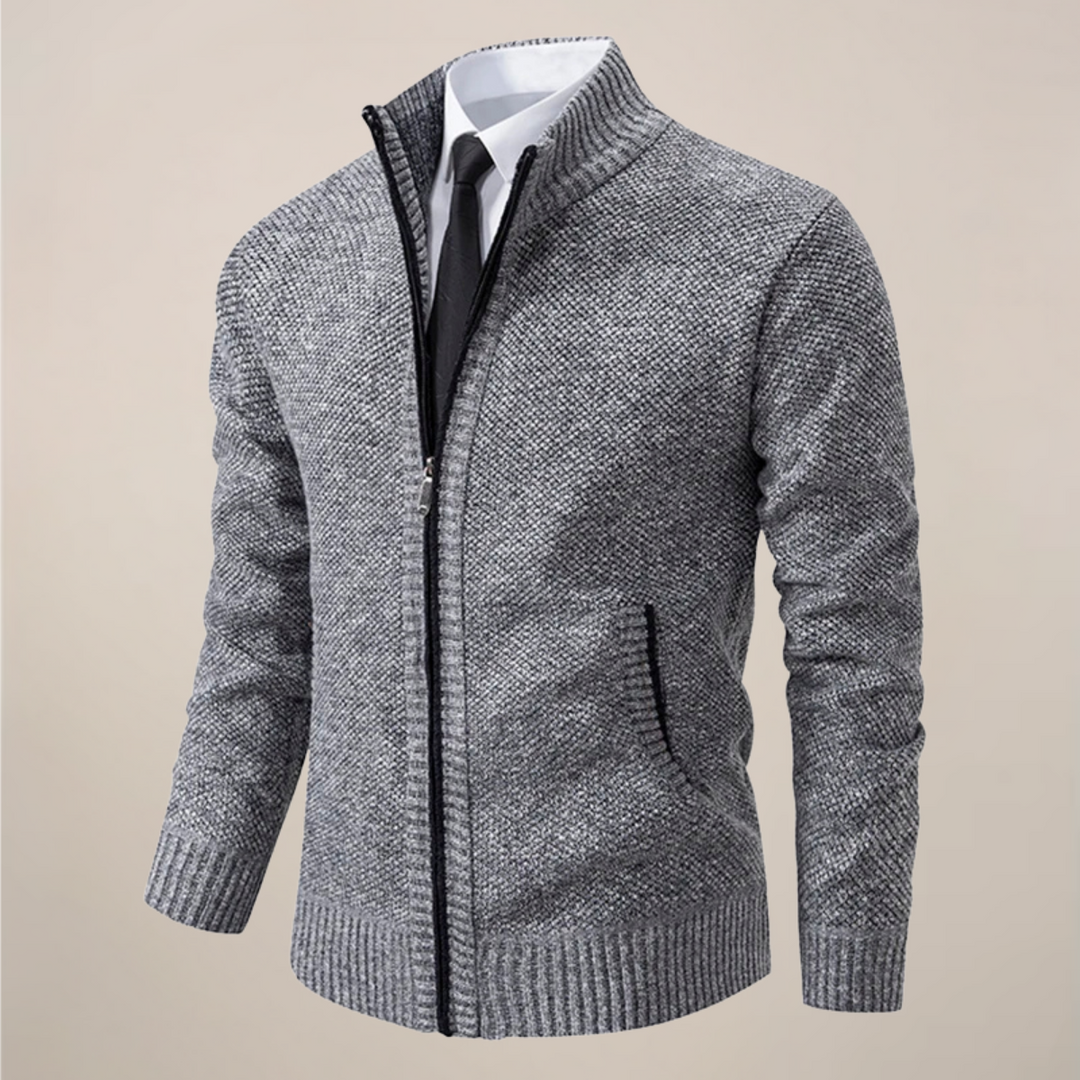 Versatile men's smart casual zip-up knit cardigan, ideal for everyday style and modern men's fashion.