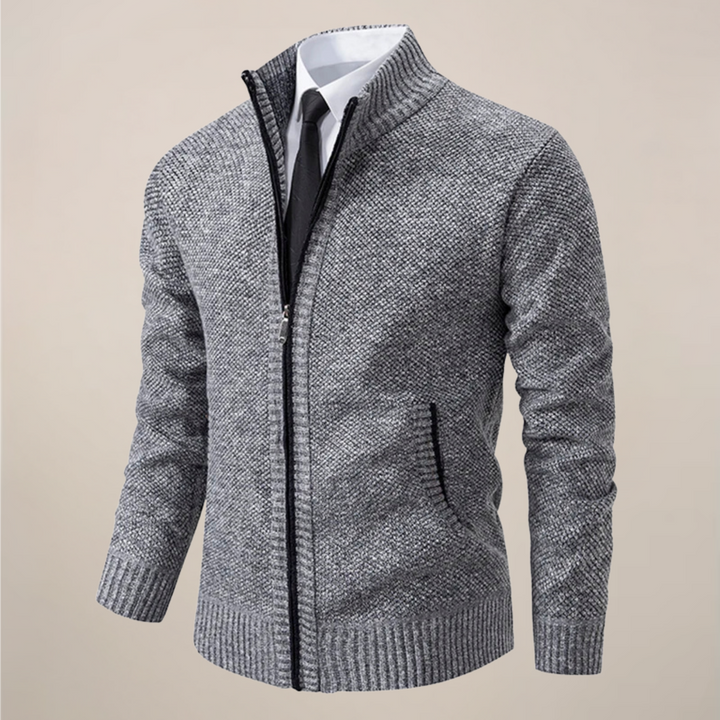 Versatile men's smart casual zip-up knit cardigan, ideal for everyday style and modern men's fashion.