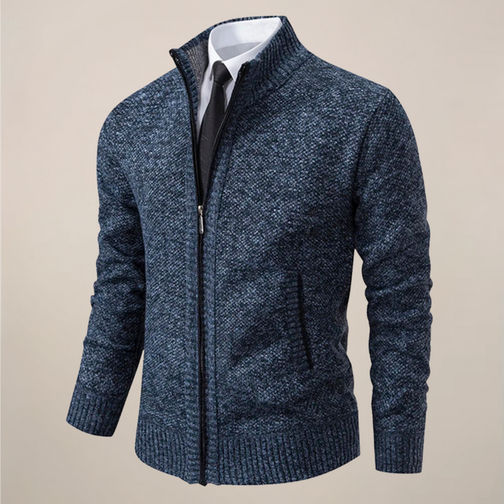 Modern men's zip-up knit cardigan, offering comfort and a stylish look for smart casual occasions.