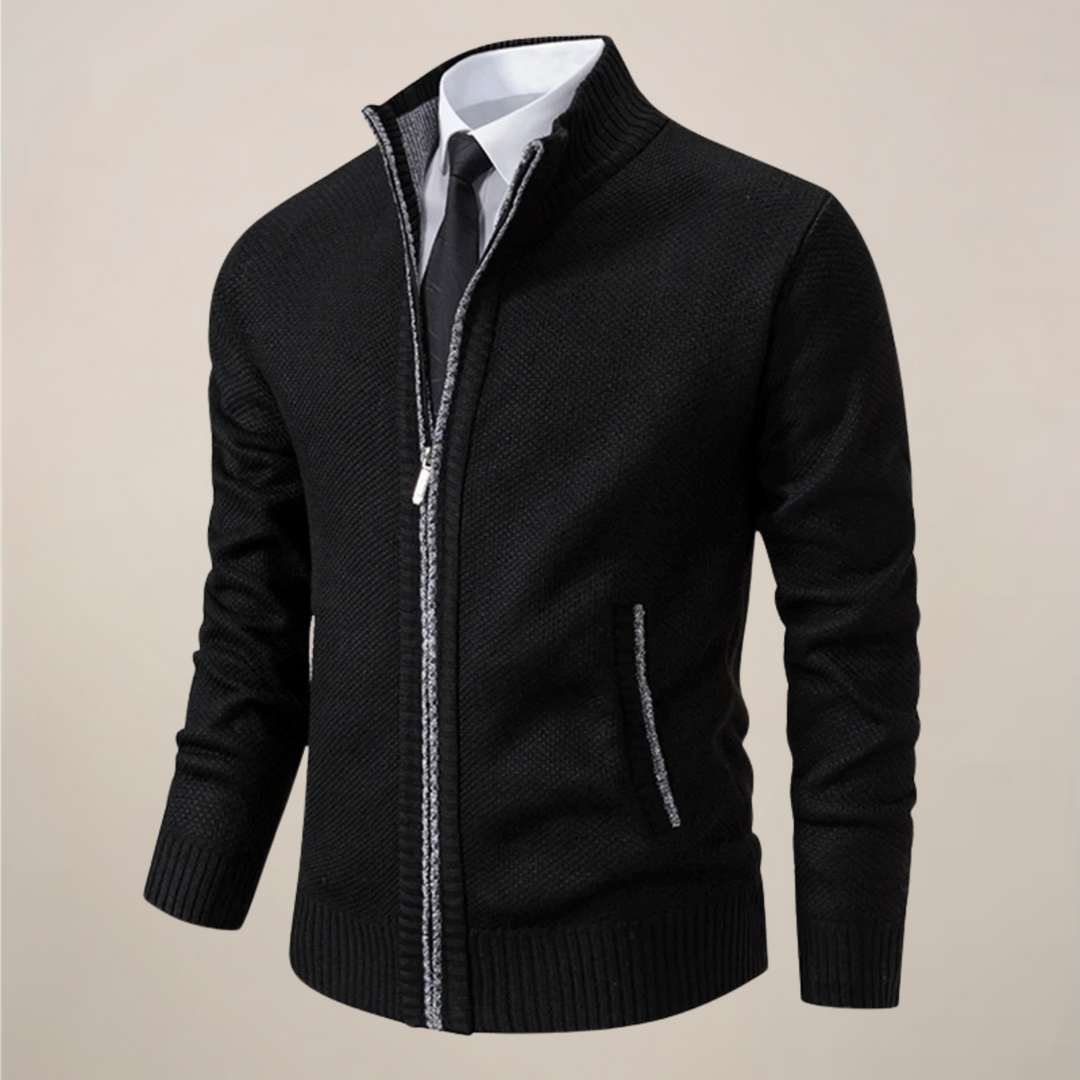 Fashionable men's knit cardigan, a smart casual zip-up for versatile men's style and layering.