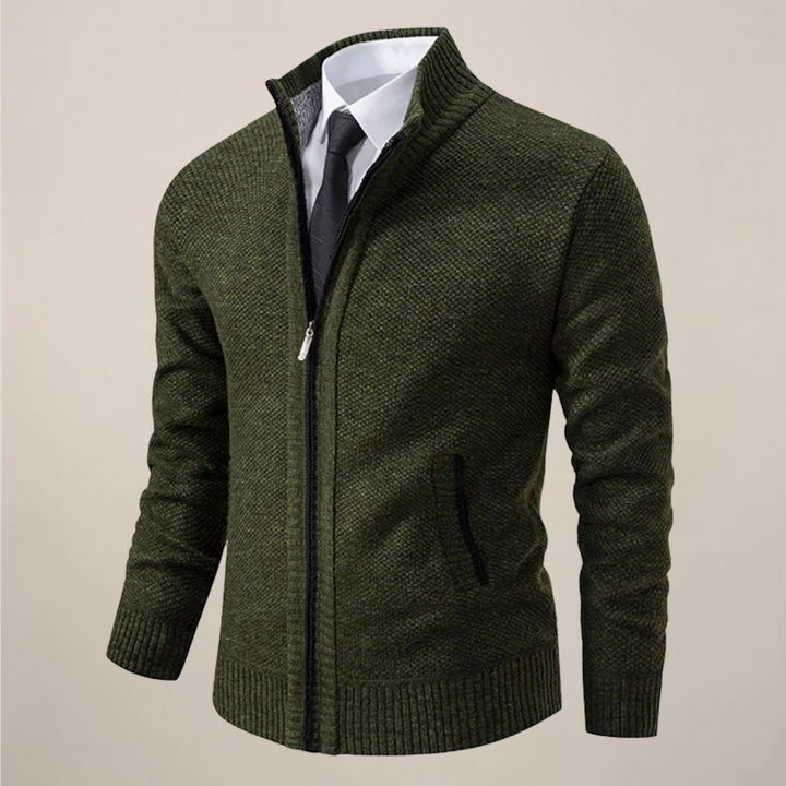 Comfortable men's knit zip-up cardigan, designed with a modern fit for smart casual layering.