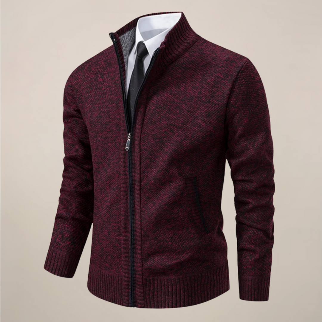 Mens knit zip-up cardigan, a stylish and versatile smart casual layering piece for men's fashion.