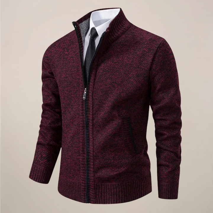 Mens knit zip-up cardigan, a stylish and versatile smart casual layering piece for men's fashion.