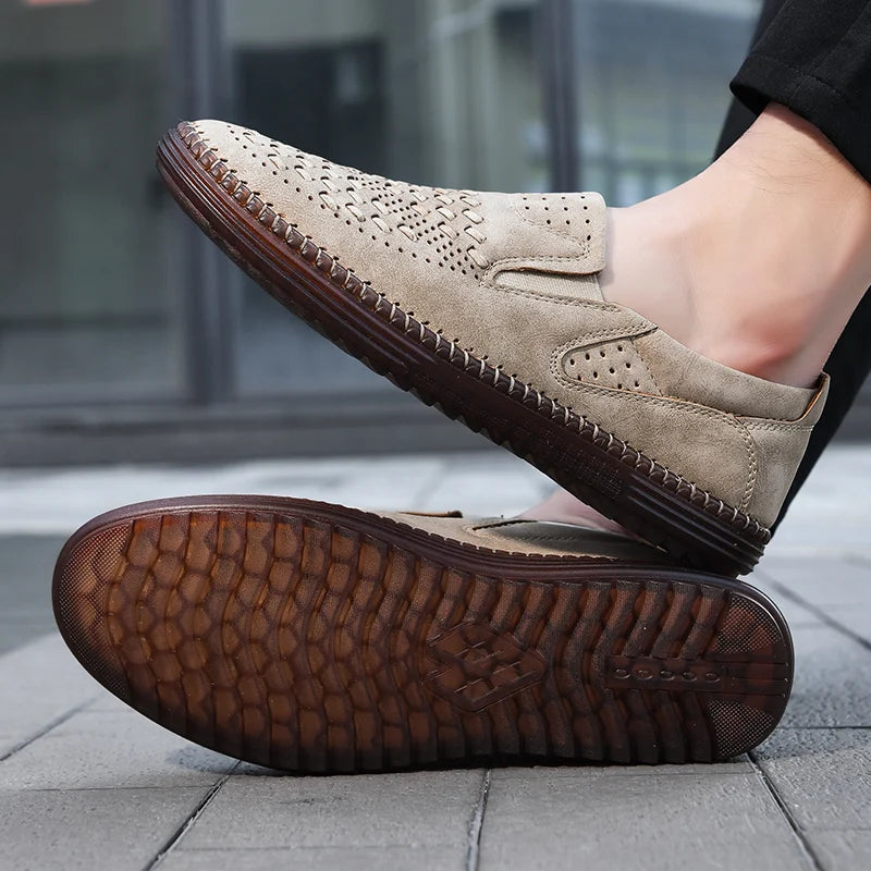 Mens loafers for comfort, hand-stitched and shock-absorbing, perfect for long walks.