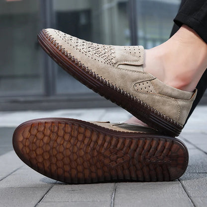 Mens loafers for comfort, hand-stitched and shock-absorbing, perfect for long walks.