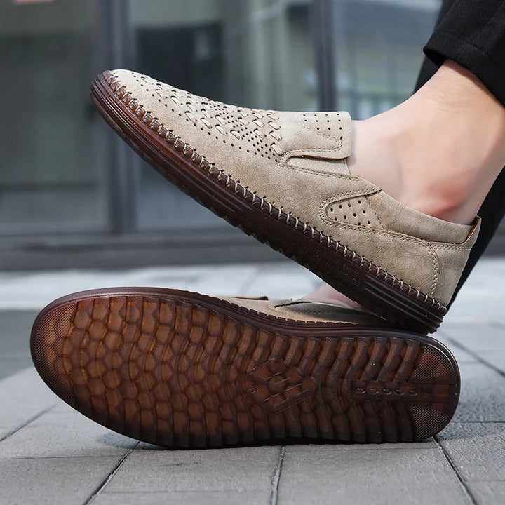 Mens loafers for comfort, hand-stitched and shock-absorbing, perfect for long walks.