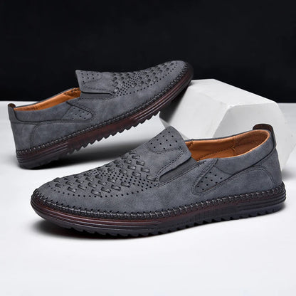 Mens comfortable walking shoes, hand-stitched loafers with shock-absorbing technology.