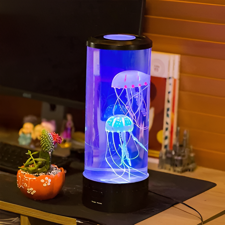 Calming LED jellyfish night light, a sensory mood lamp perfect for relaxation and bedroom decor.