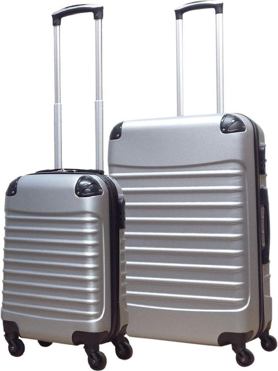 Compact & large Milano Silver 2-piece hard-shell spinner luggage set. Perfect for business or vacation travel.