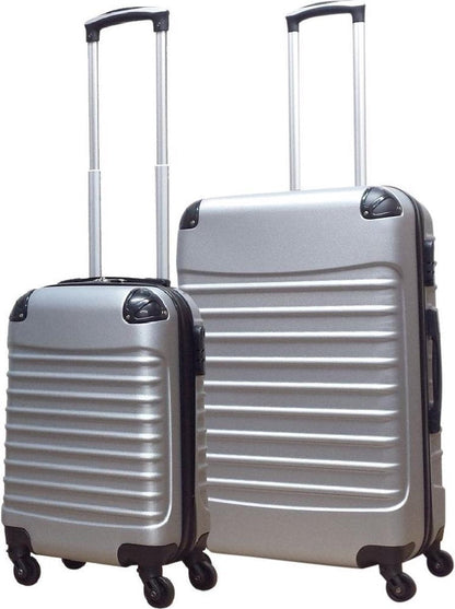 Compact & large Milano Silver 2-piece hard-shell spinner luggage set. Perfect for business or vacation travel.