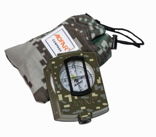 Military-grade lensatic sighting compass for outdoor navigation and hiking, durable construction.