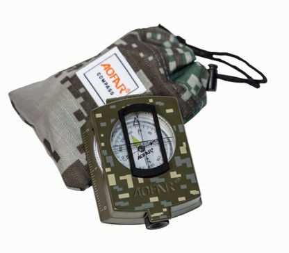 Military-grade lensatic sighting compass for outdoor navigation and hiking, durable construction.