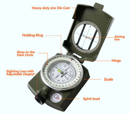 Lensatic military compass with luminous dial for night navigation, essential outdoor gear.