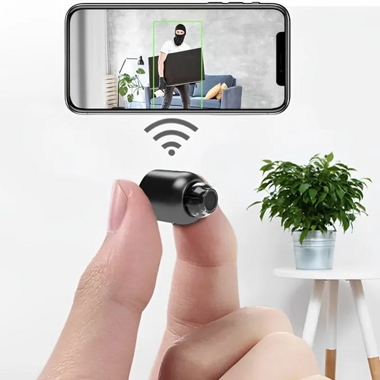 Mini 1080p HD WiFi security camera for indoor home security. Compact design with night vision.