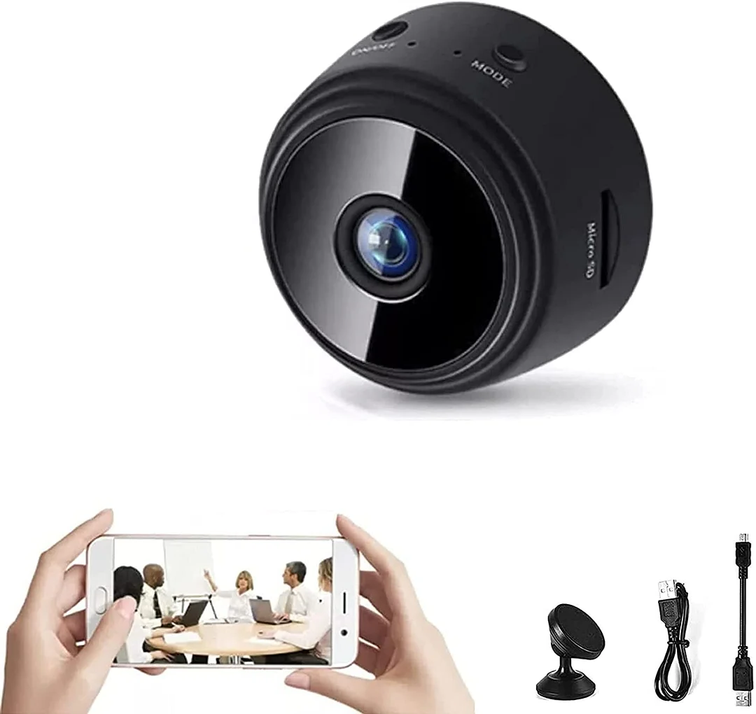 Mini 1080p WiFi security camera with magnetic mount for wireless home monitoring, ideal for indoor use.