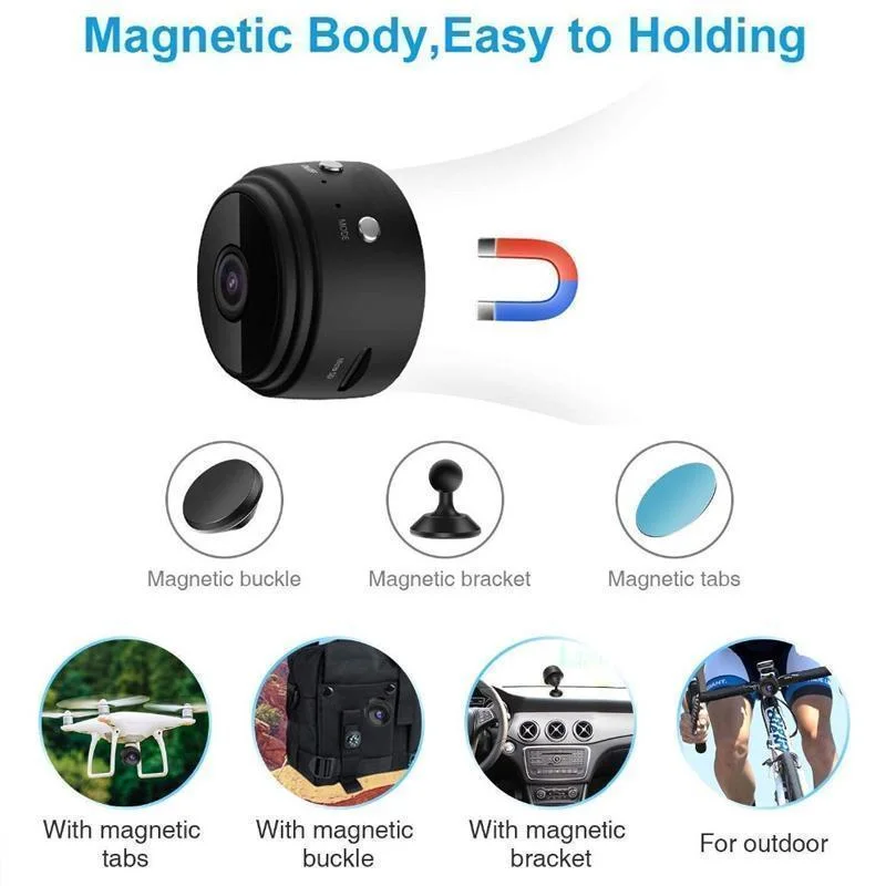 Small 1080p WiFi security camera, magnetic, offers reliable wireless night vision for indoor home monitoring.