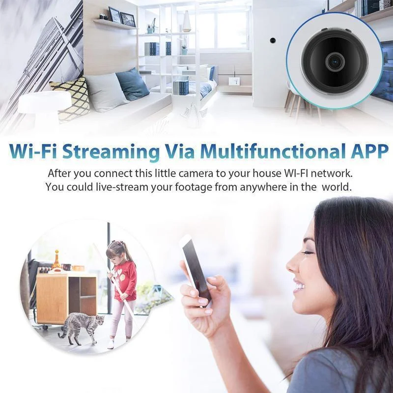 Versatile mini 1080p WiFi camera with magnetic base, night vision, perfect for wireless indoor home security.