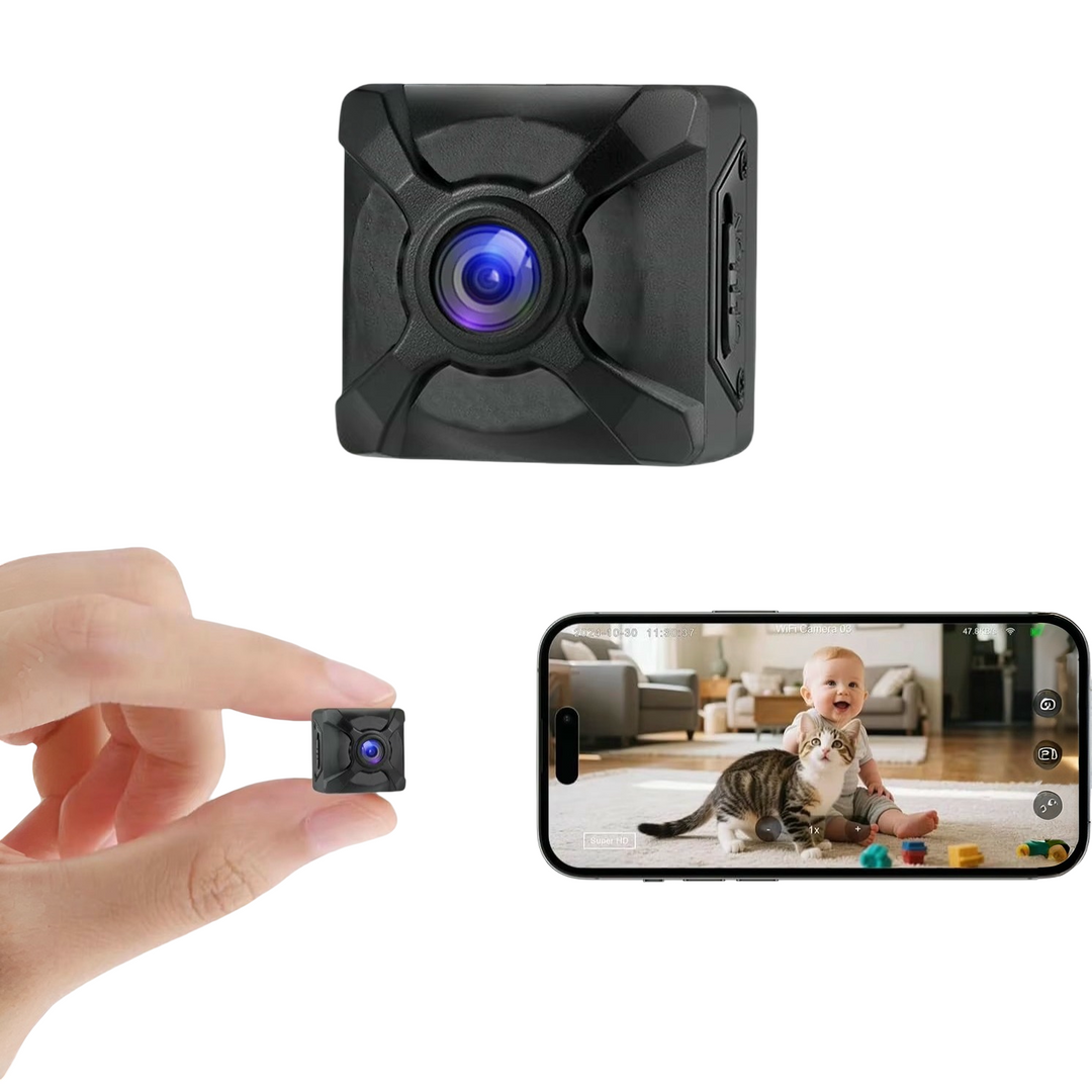 Mini 4K wireless security camera with motion detection for discreet home monitoring.