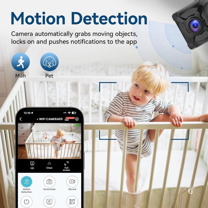 Compact, rechargeable 4K mini camera for portable home security and remote monitoring.