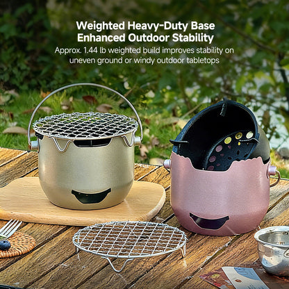 Durable cast iron mini charcoal grill, perfect for camping, patio cooking, and travel BBQ.