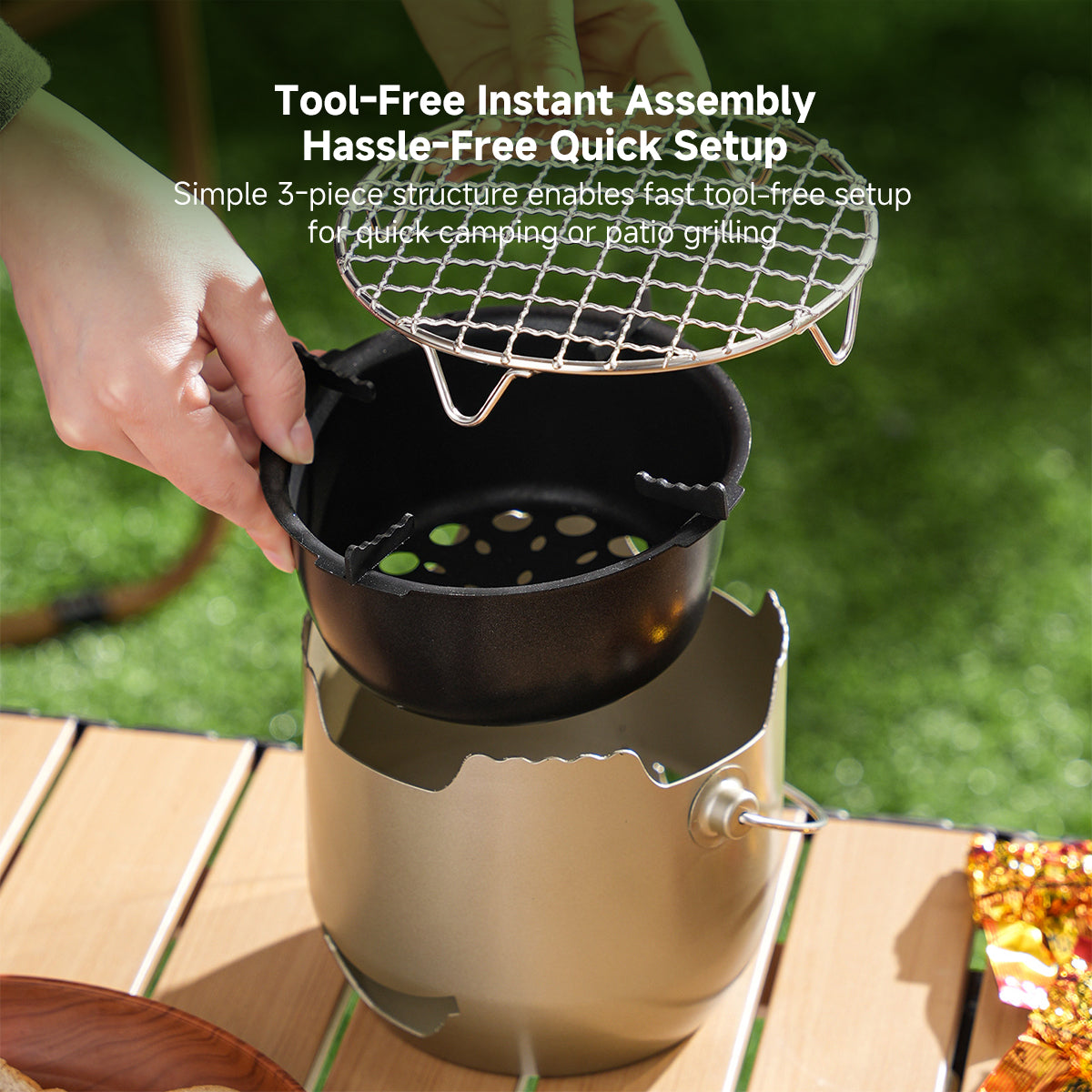 Tabletop cast iron charcoal grill, designed for camping, Korean BBQ, and easy outdoor cooking.
