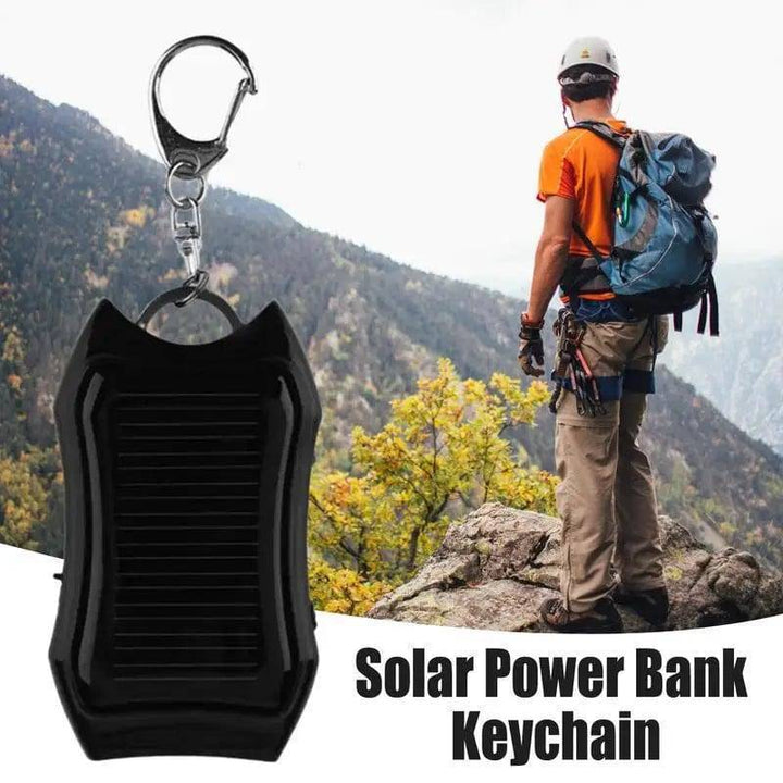 Mini solar power bank and LED flashlight keychain for emergency charging, 1500mAh capacity, outdoor gear.