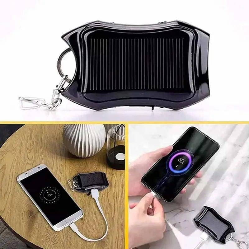 Portable solar charger with 1500mAh power bank and bright LED light, perfect for camping and survival.
