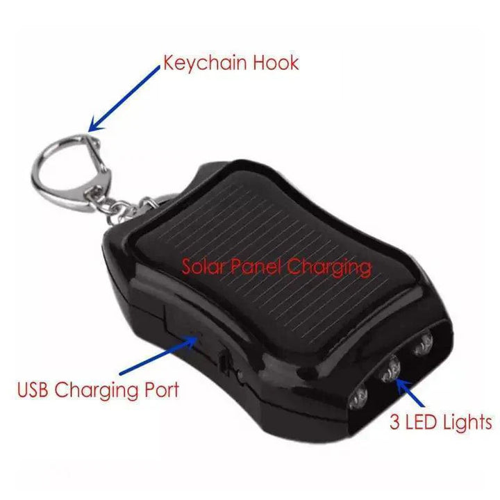 Emergency solar charger with 1500mAh battery and LED flashlight, a must-have portable power device.