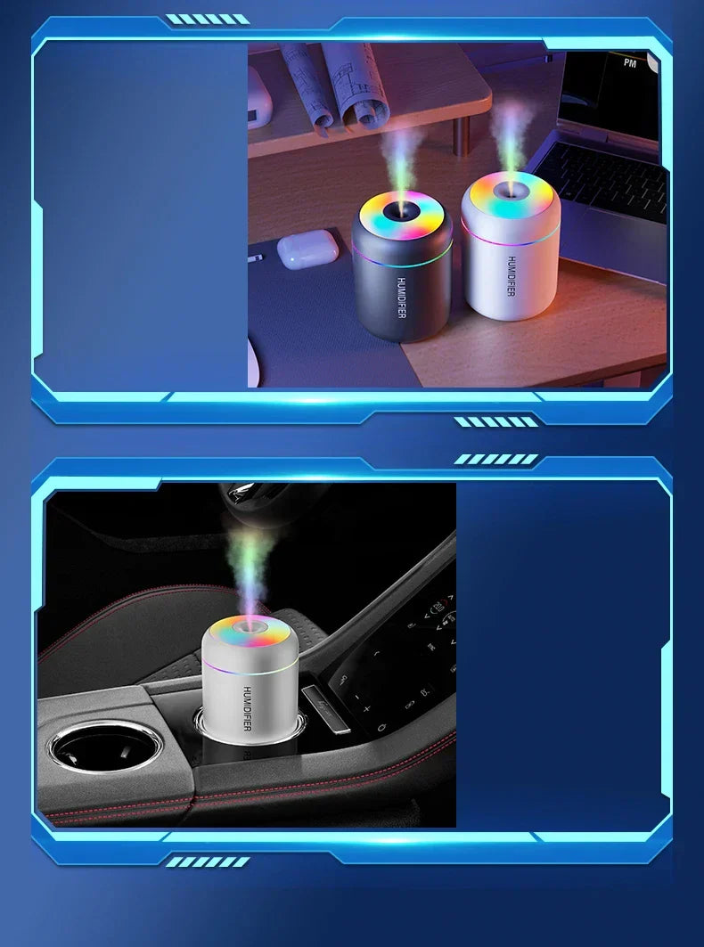 Mini USB humidifier diffusing essential oils. Calming aromatherapy for car, bedroom, office.