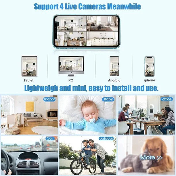 Small magnetic wireless camera for indoor/outdoor home security. Features live feed, night vision, motion detect.