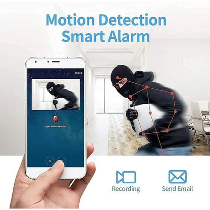 Mini wireless security camera with live audio, video, night vision, motion detection & magnetic mounting.