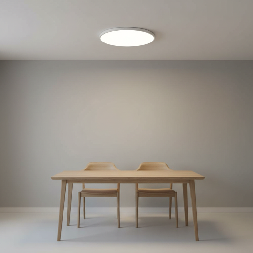 Minimalist LED flush mount ceiling light, modern design for bright home illumination in living rooms.