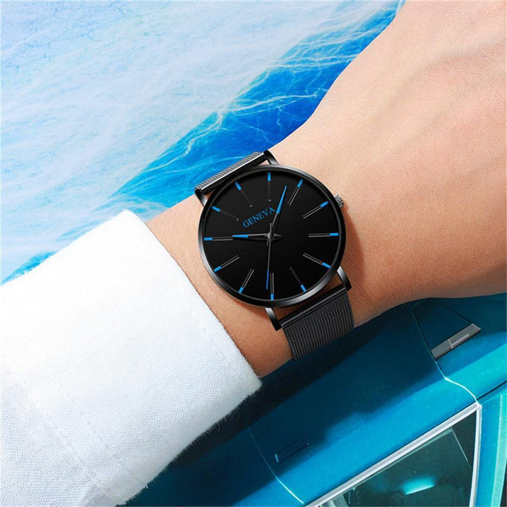 Durable men's minimalist watch with a sleek black strap, featuring elegant blue accents on the dial for classic style.