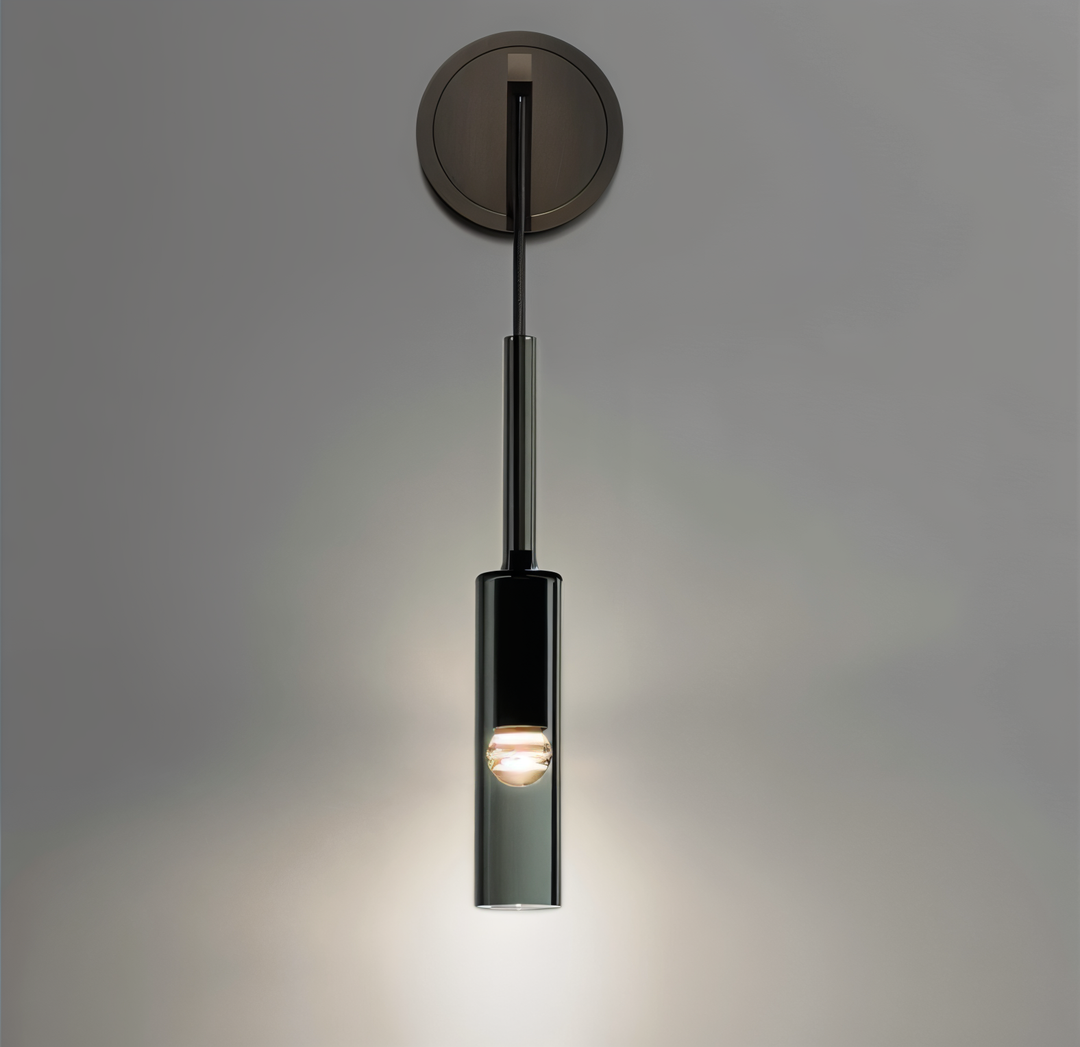 Unique smoke glass minimalist wall lamp Orvane, modern accent lighting for contemporary and elegant interiors.