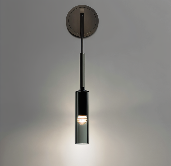 Unique smoke glass minimalist wall lamp Orvane, modern accent lighting for contemporary and elegant interiors.