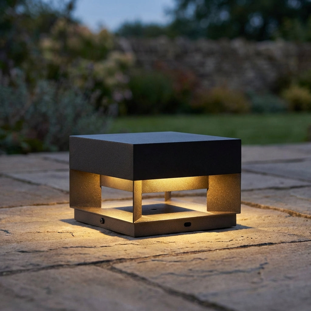 Minimalist square LED outdoor wall light, LumaBloc, for modern garden & patio. Weatherproof exterior lighting.